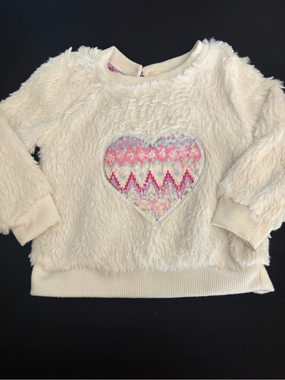btween Cream Fuzzy Pullover with Pink Sequin Heart